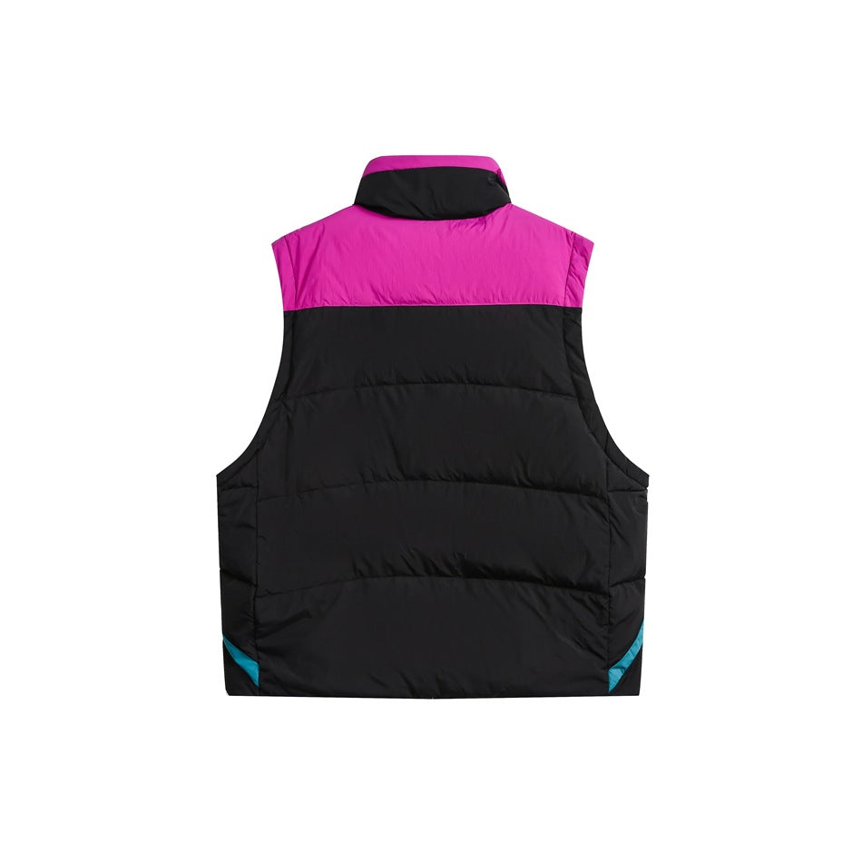 Back view of black quilted vest with magenta upper yoke and small teal accents at the lower sides