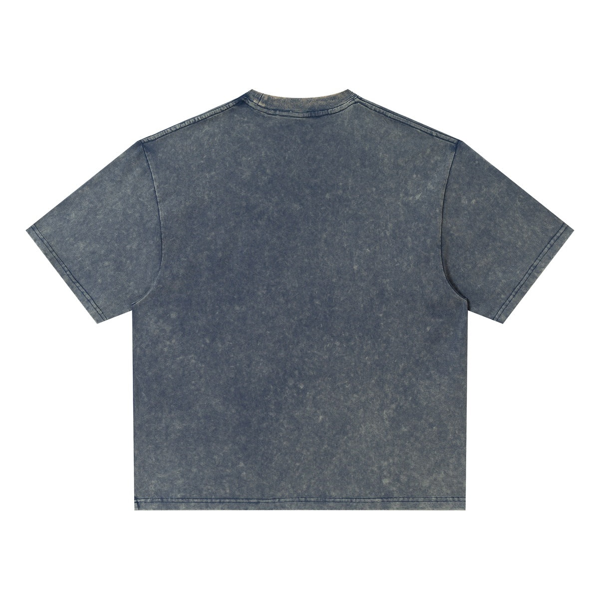Back view of a plain short-sleeve T-shirt in mottled, washed slate blue with a crew neck.