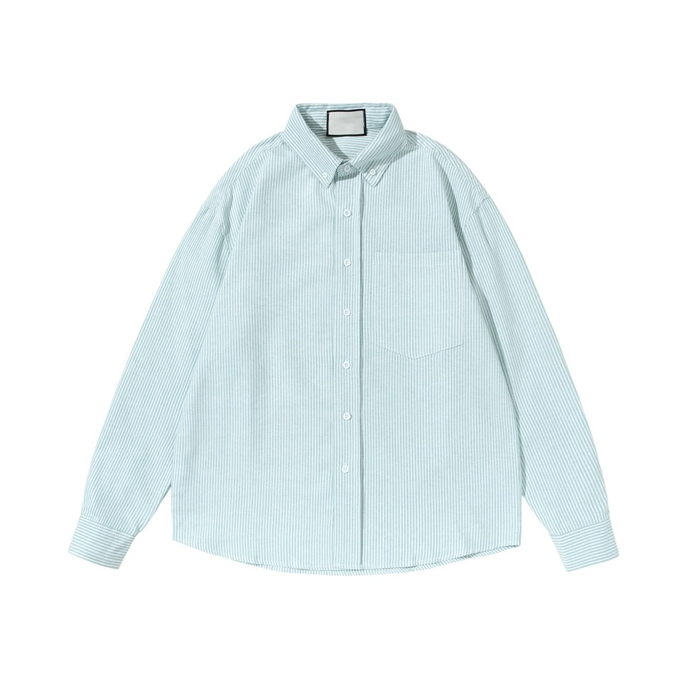 Light green vertical-striped long-sleeve button-down shirt with chest pocket, laid flat, front view