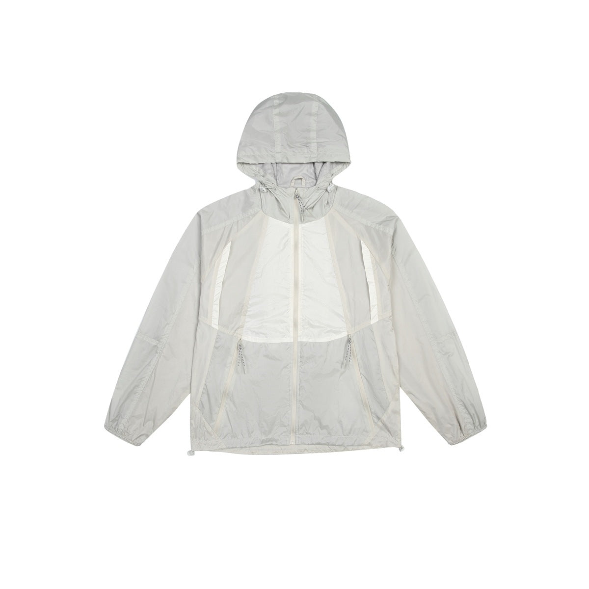 White and light gray hooded zip jacket with color-blocked panels, drawstring hood and zip pockets, flat front view