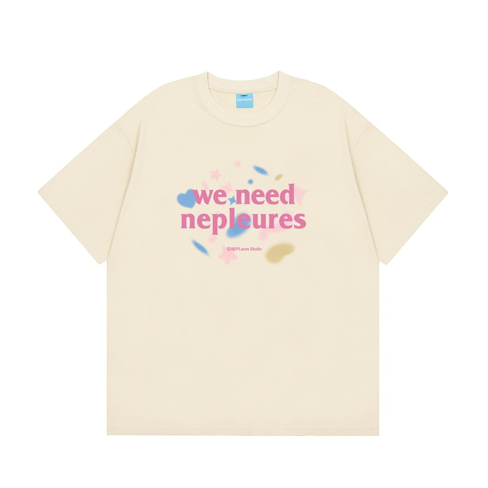 Apricot cream short-sleeve crew-neck T-shirt with pink 'we need nepleures' graphic and pastel hearts and stars on the front