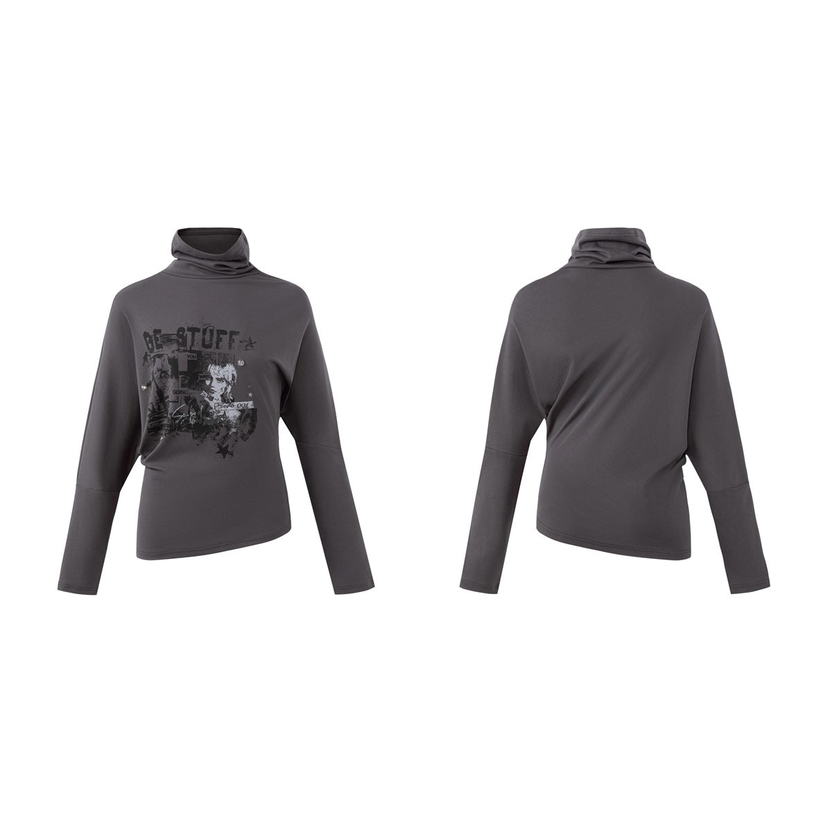 Charcoal long-sleeve top shown from the front and back, with a draped neck and distressed front graphic.