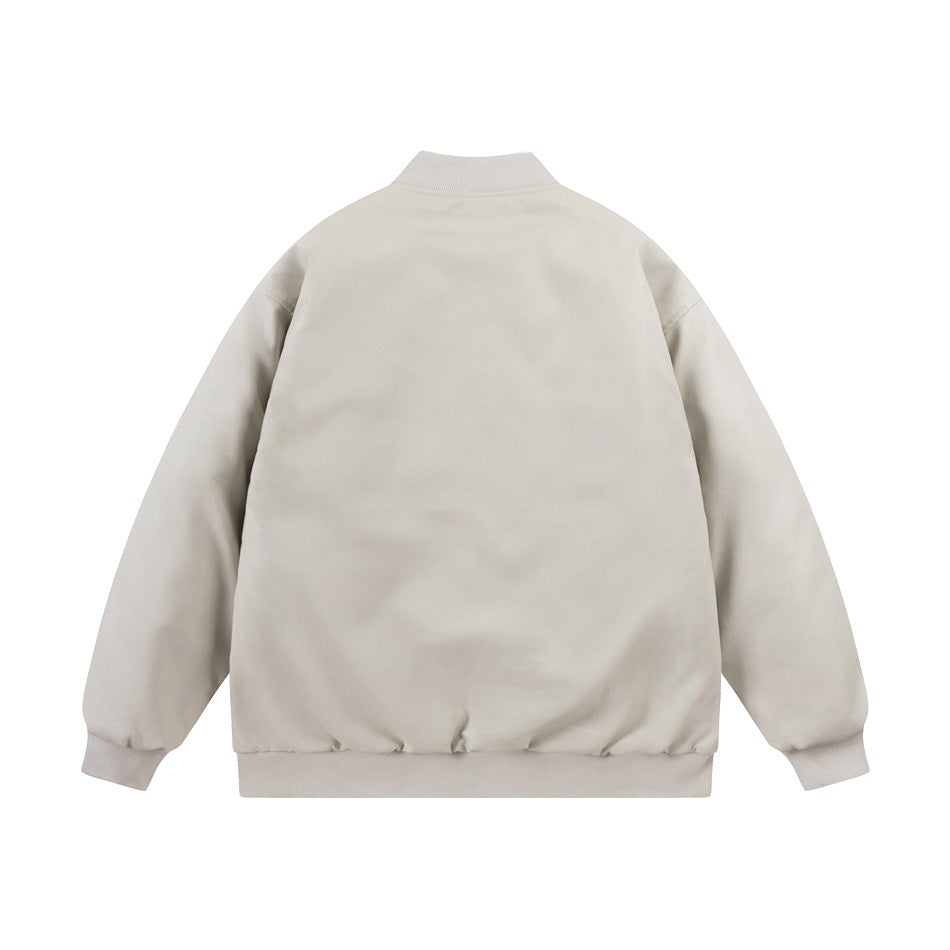 Back view of a plain light beige jacket with a ribbed collar, cuffs, and hem.