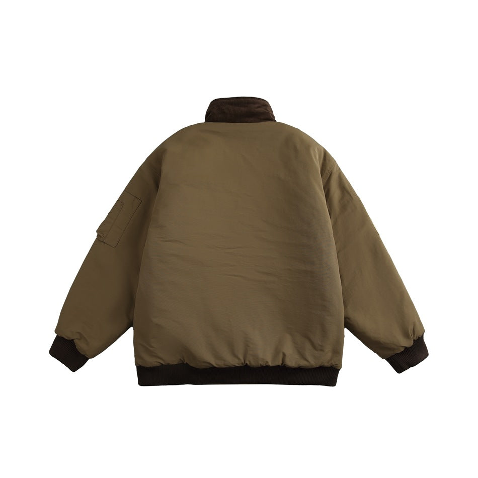 Back view of a khaki bomber jacket with a plain back, sleeve patch pocket, and dark ribbed collar, cuffs, and hem.