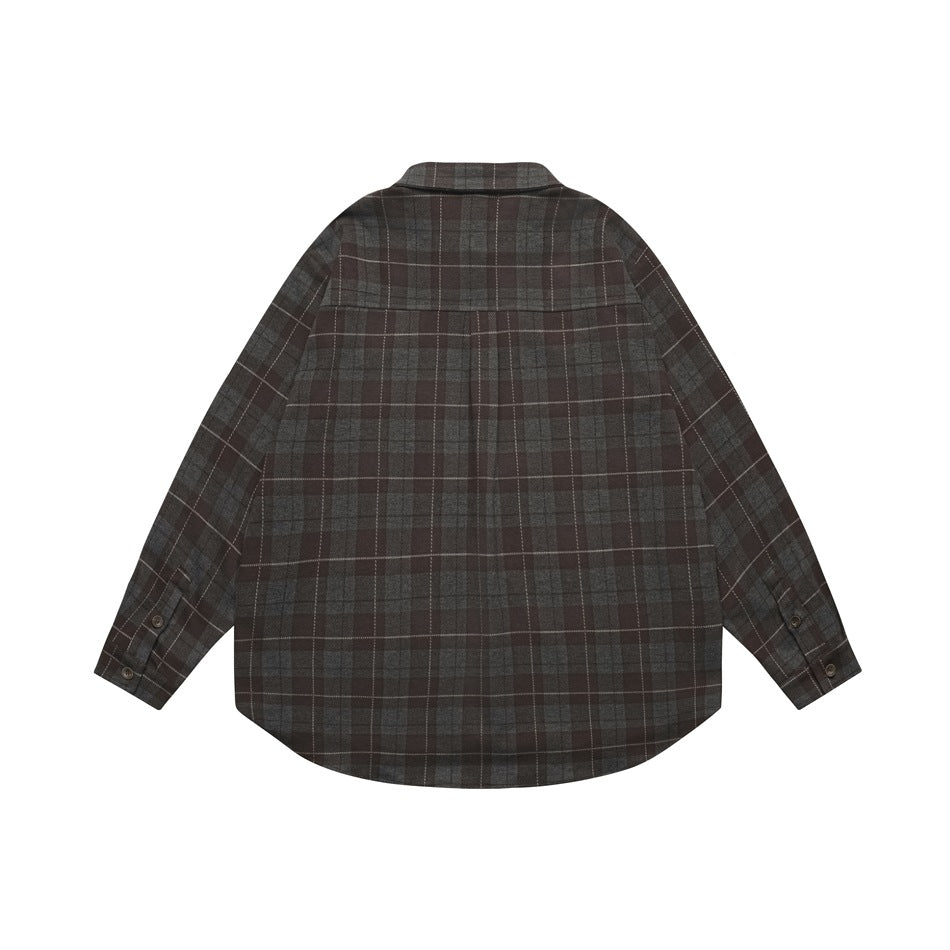 Back view of a brown-gray plaid long-sleeve button-up shirt, laid flat on a white background.