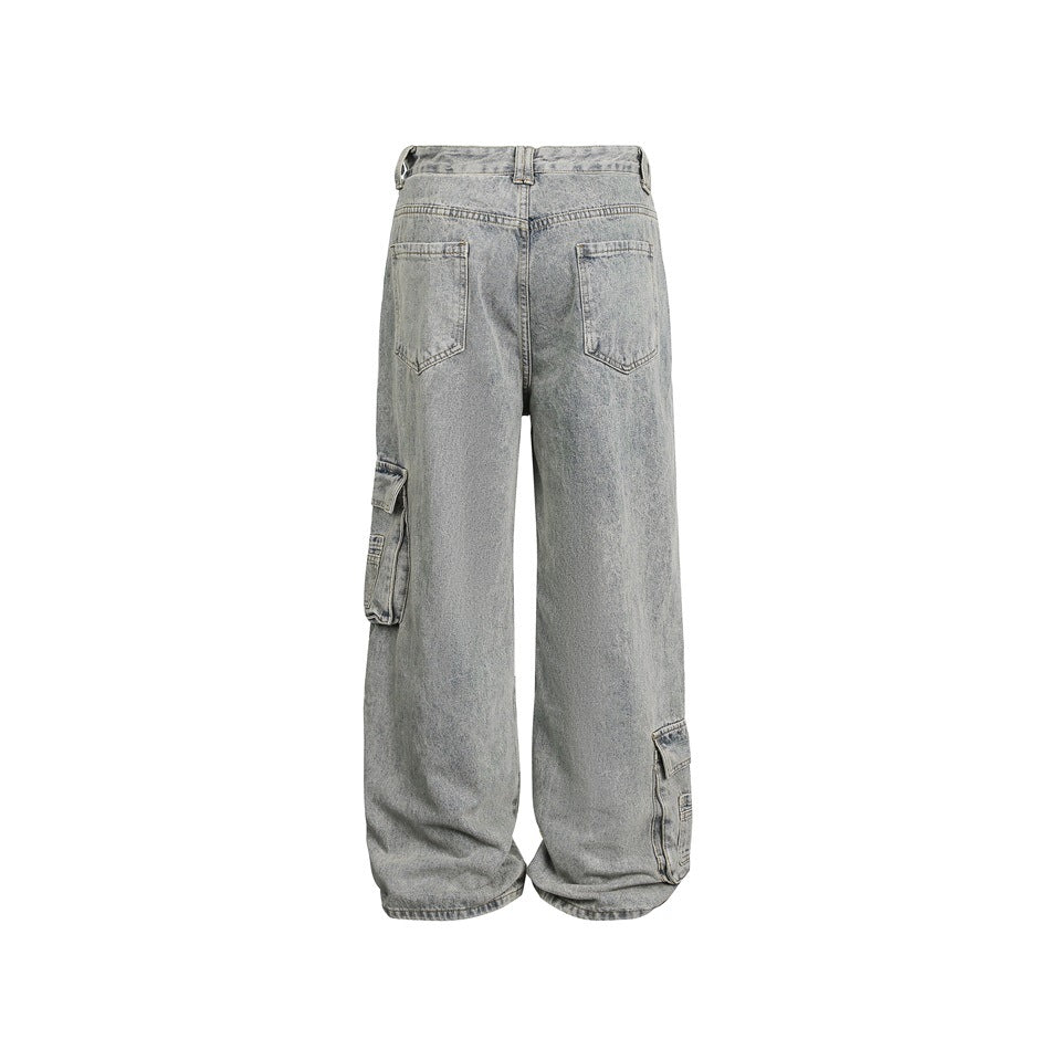 Back view of light gray washed wide-leg jeans with two rear pockets and cargo pockets along the legs.