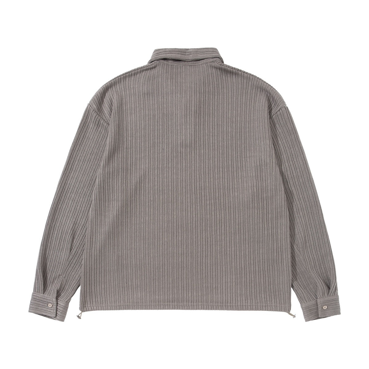 Back view of a gray long-sleeve rib-knit polo shirt with button cuffs and hem drawcords.