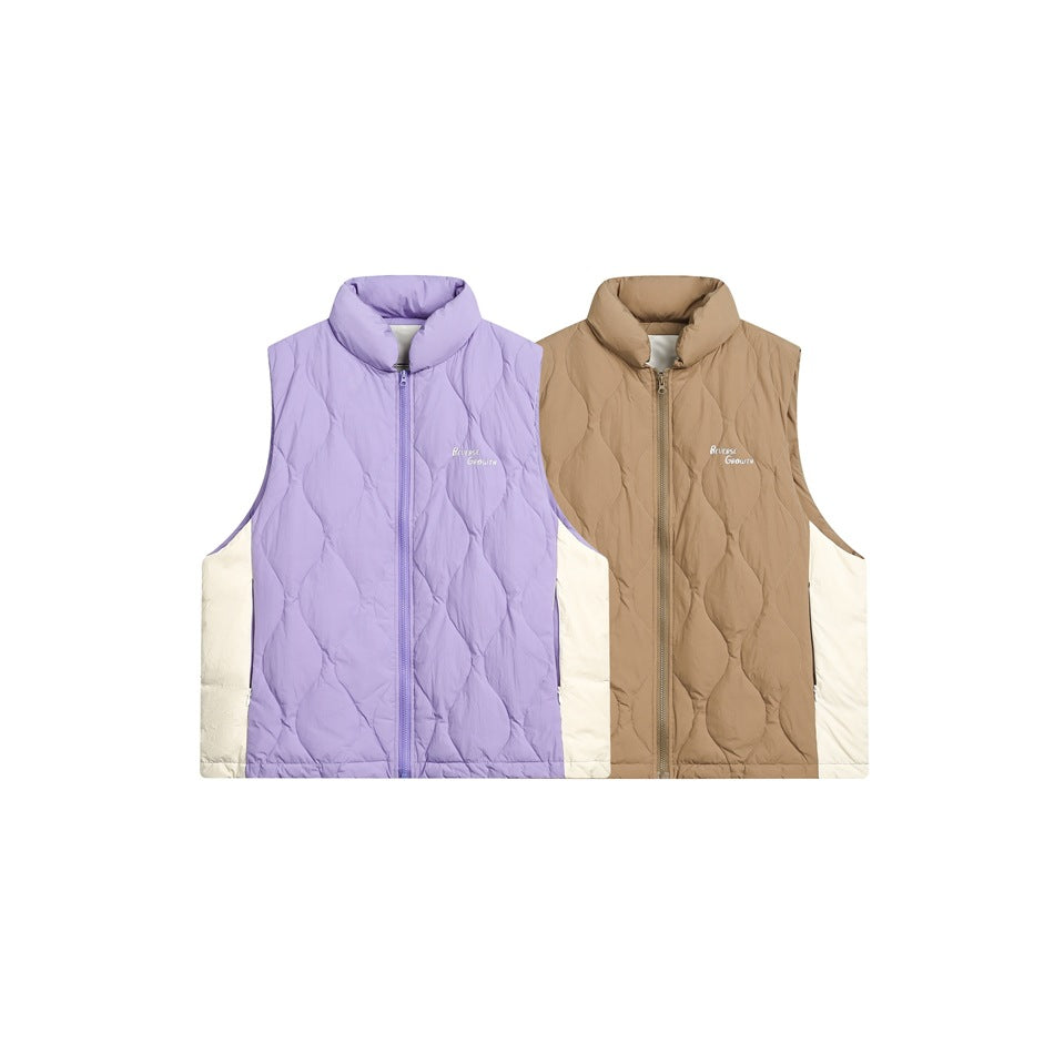 Front view of sleeveless quilted vests in lavender and tan, with stand collars, front zippers and cream side panels.