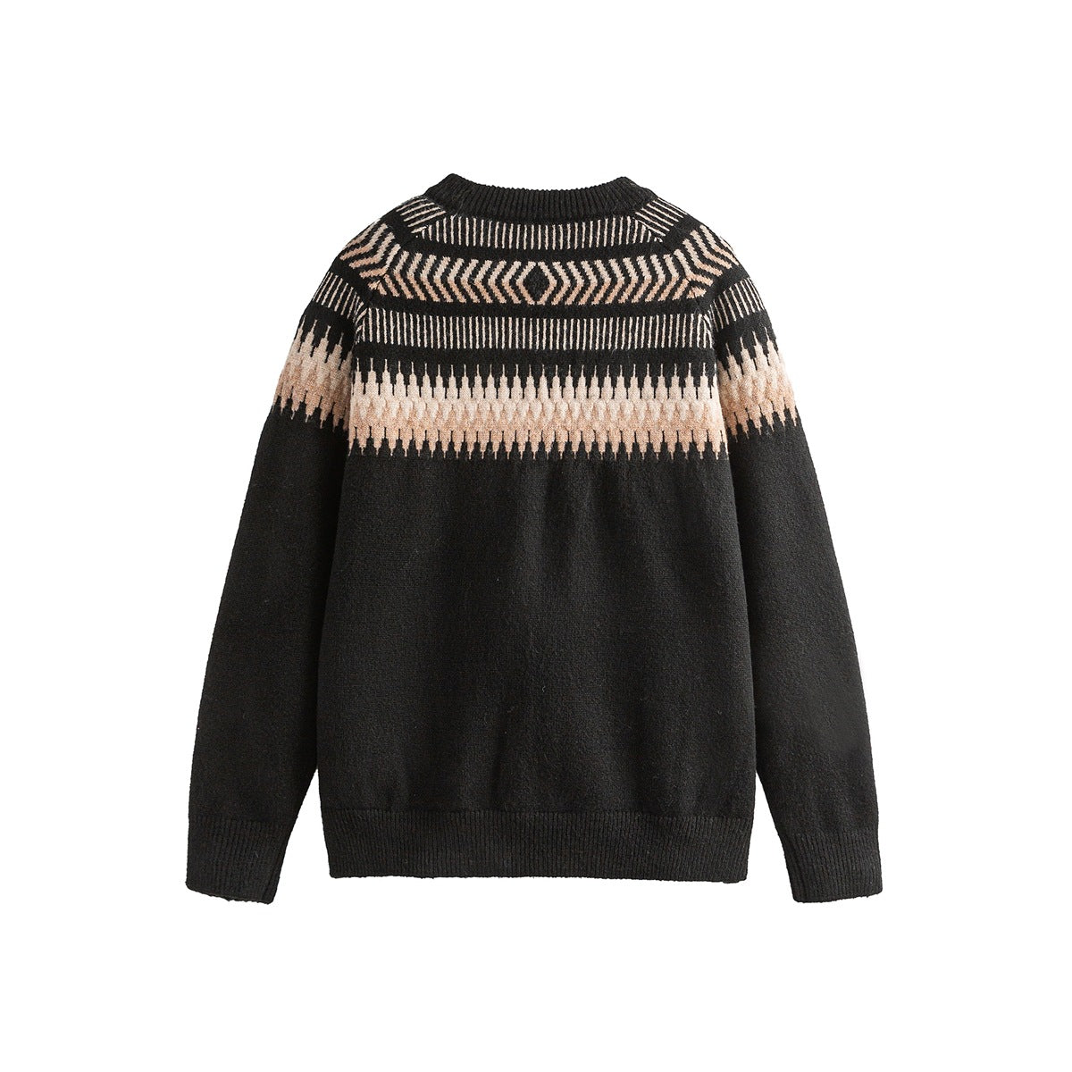 Back view of black knit cardigan with beige and cream patterned yoke and ribbed hem and cuffs, flat lay