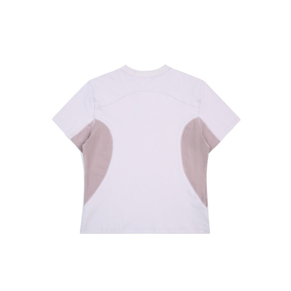 Back view of a pale lavender short-sleeve shirt with muted mauve side panels.