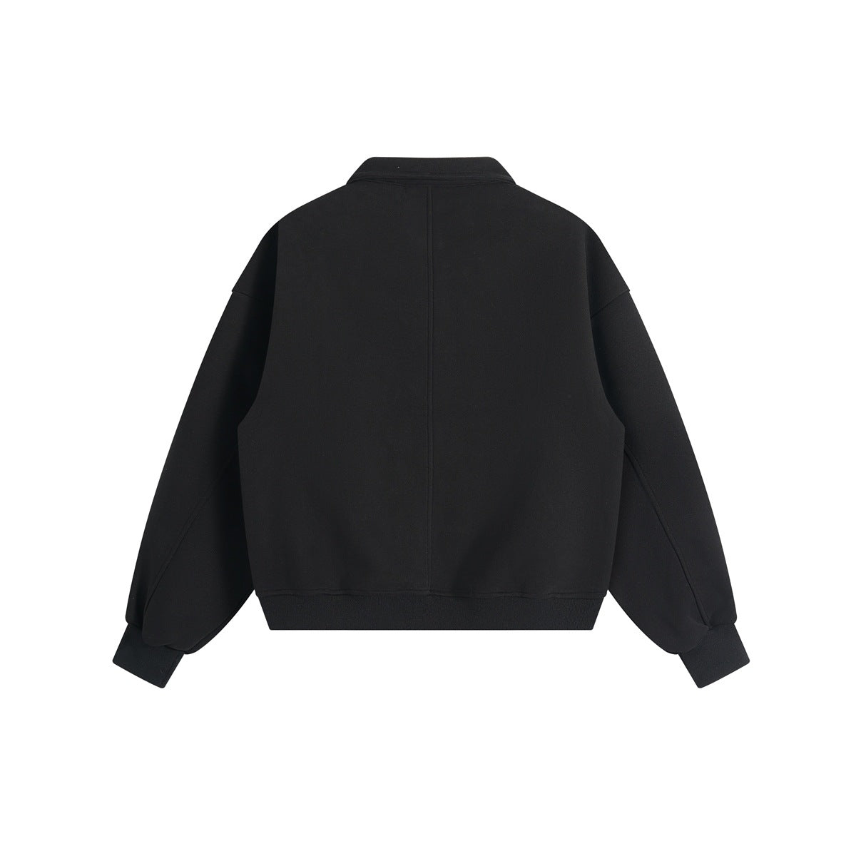 Back view of a black collared sweatshirt with long sleeves, a center seam, and ribbed cuffs and hem.