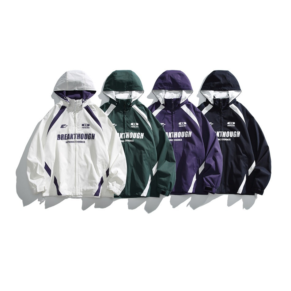Four hooded jackets shown together in white, dark green, purple, and black, each with contrasting panels and chest graphics.