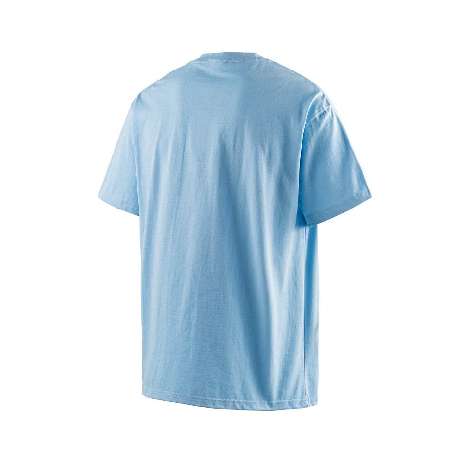 Back view of a plain light blue short-sleeve crew-neck T-shirt.