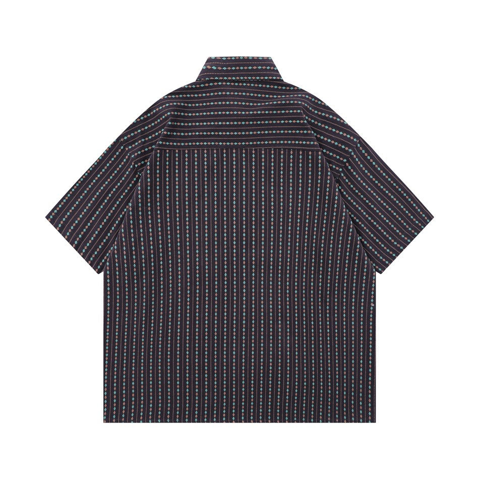 Back view of a dark short-sleeve shirt with vertical teal and brown geometric stripes.
