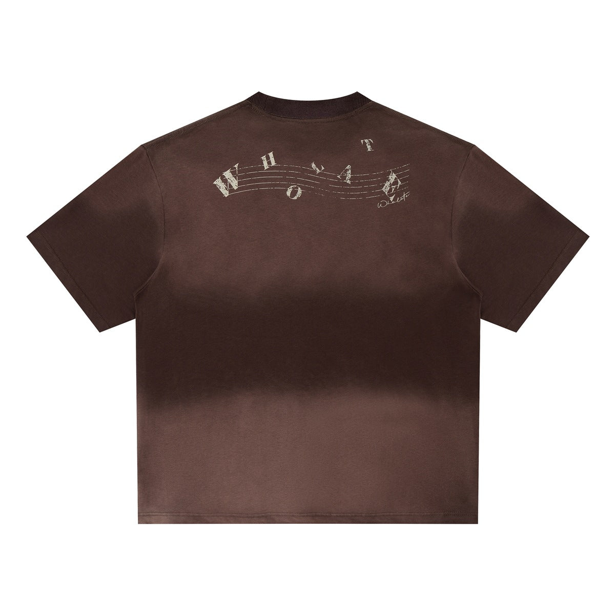 Back view of a brown short-sleeve T-shirt with distressed lettering and musical staff graphics.