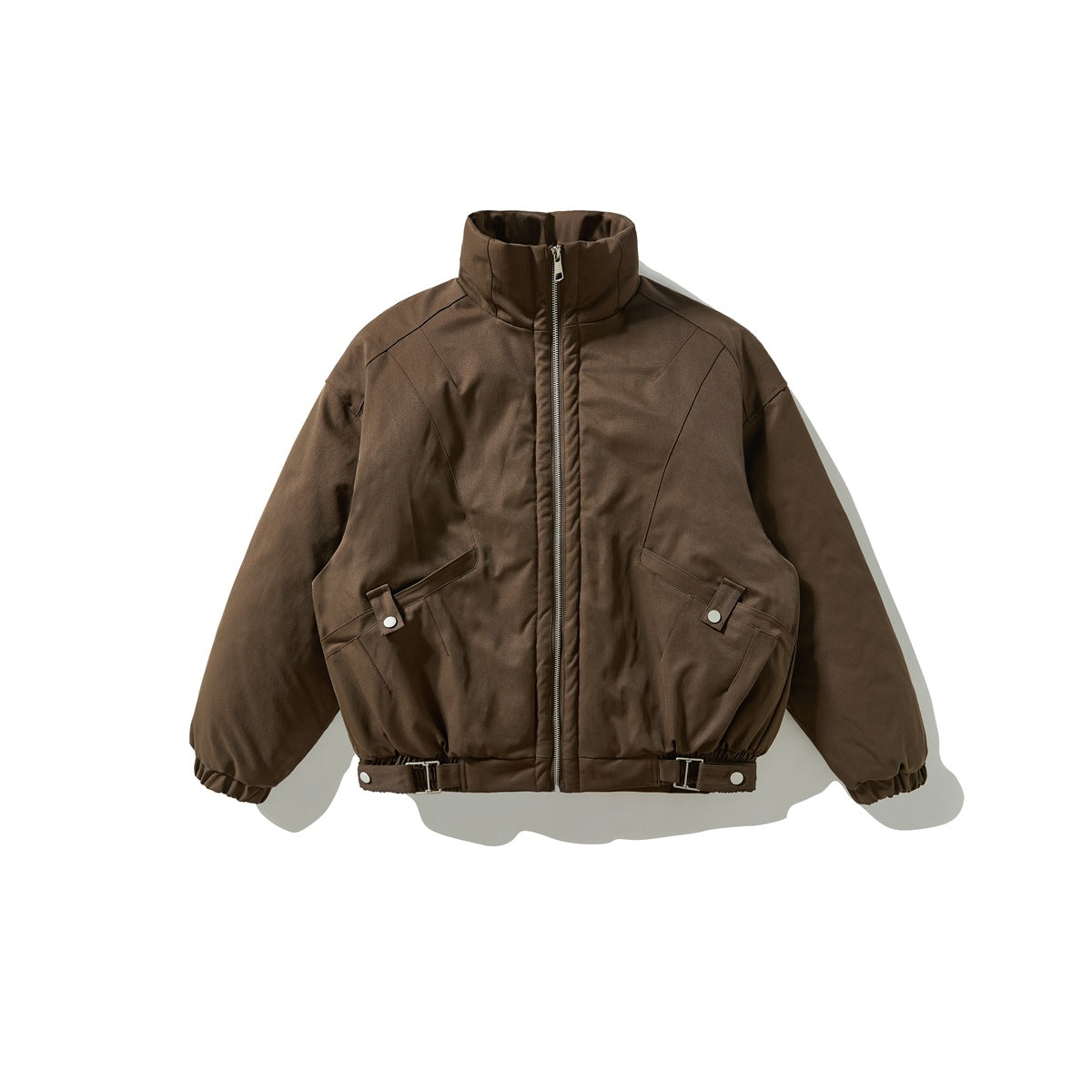 Coffee brown stand-collar zip jacket flat lay with snap-tab front pockets, elastic cuffs and buckle hem tabs