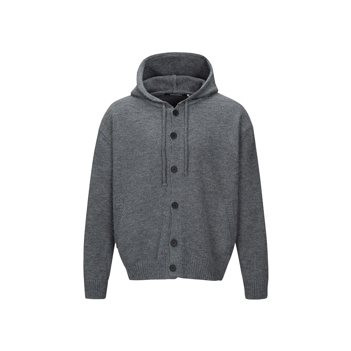 Dark gray knit hooded cardigan with black buttons and drawstrings, front view on white background