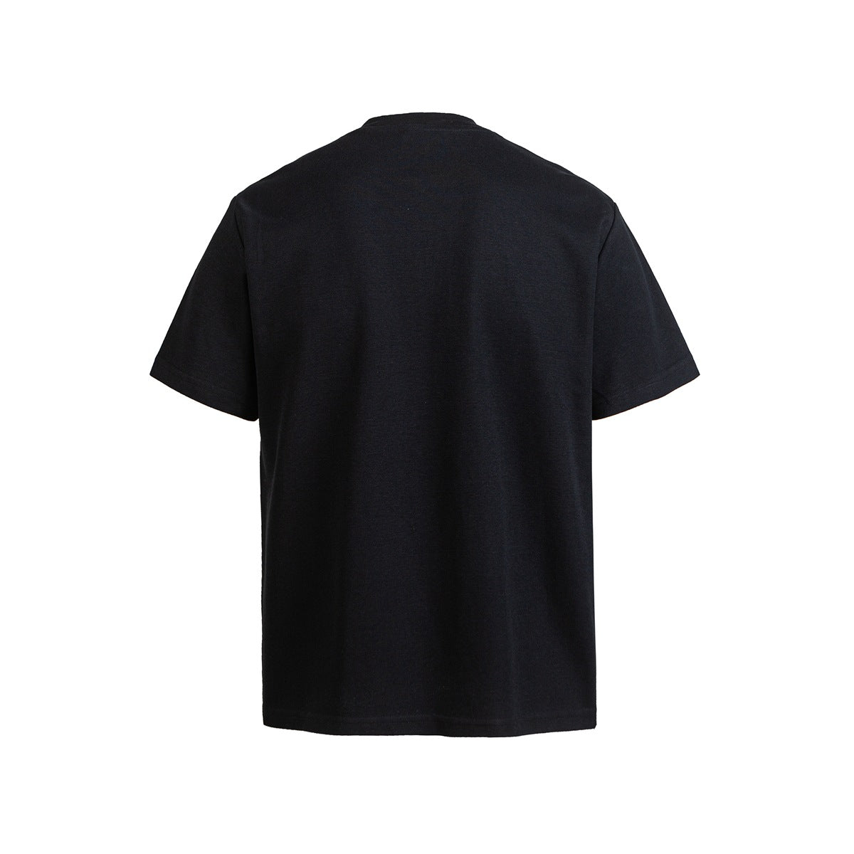 Back view of a plain black short-sleeve Henley shirt.