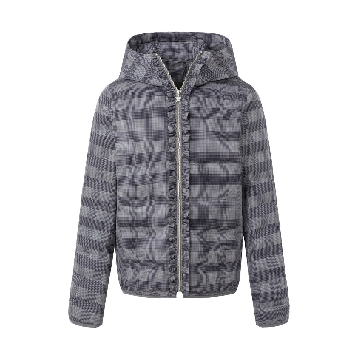 Dark gray checked hooded zip jacket with ruffle trim along the front zipper, shown flat from the front