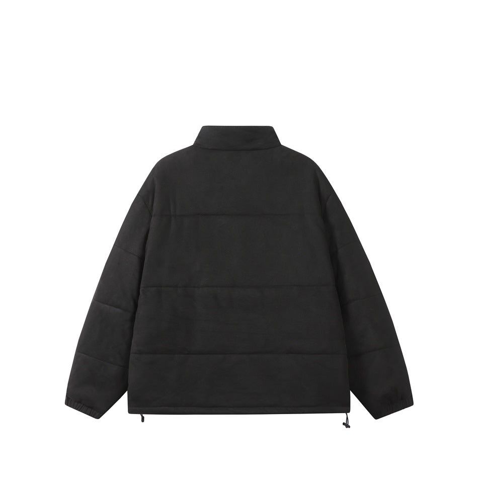 Back view of a black quilted jacket with a stand collar, elastic cuffs, and adjustable hem cords.