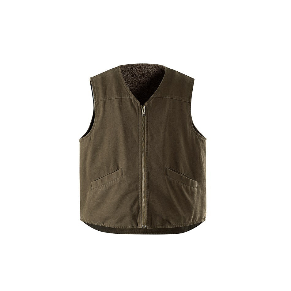 Army green sleeveless zip-front vest with V-neck, flap pockets and dark fleece-like lining at the collar