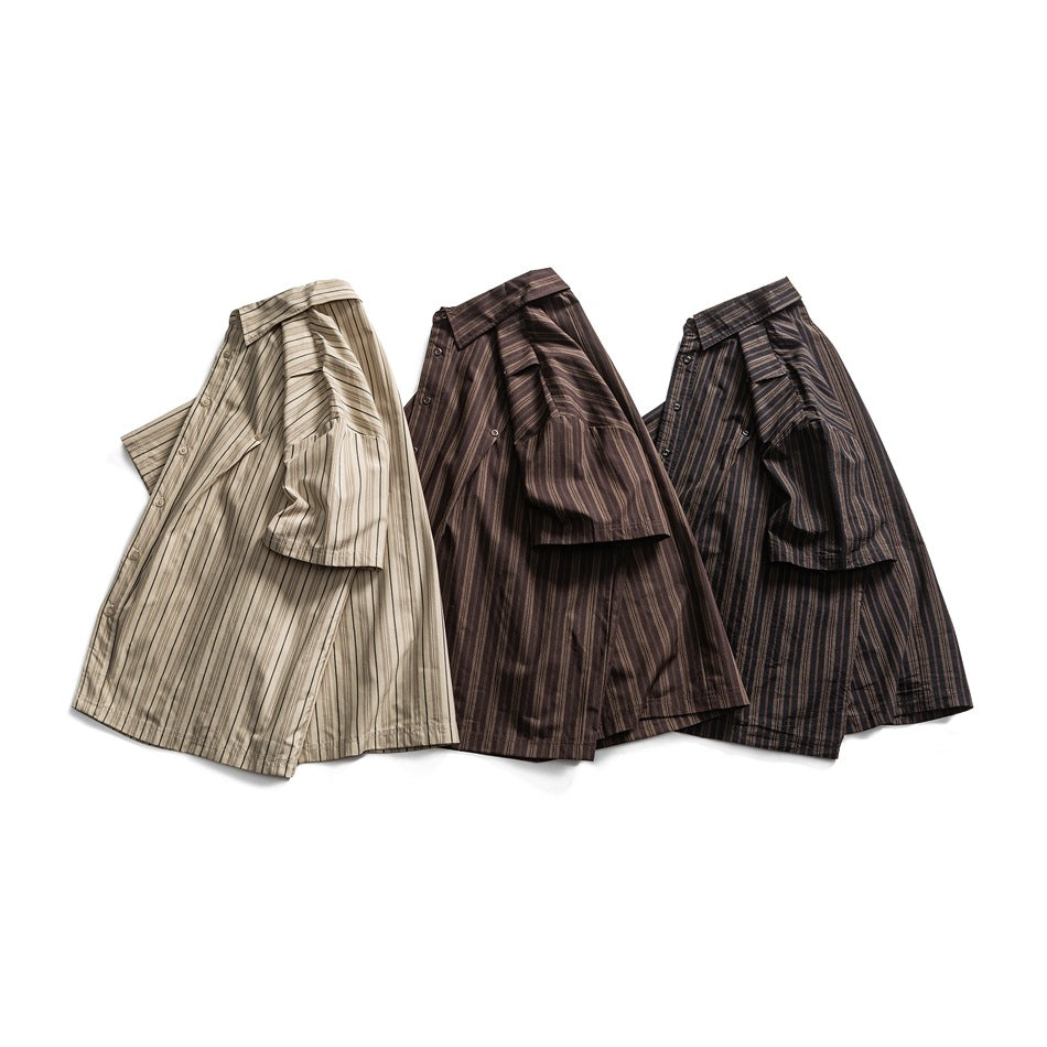 Three short-sleeve striped shirts shown together in cream, brown, and dark charcoal colorways.