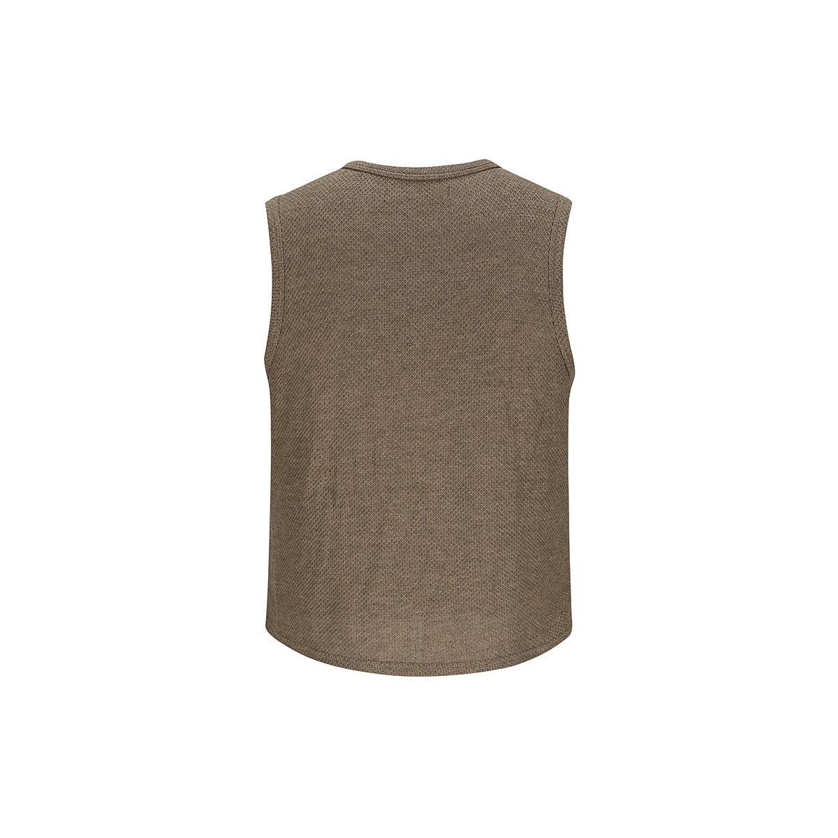 Back view of a brown sleeveless crew-neck top with a subtle all-over knit texture.