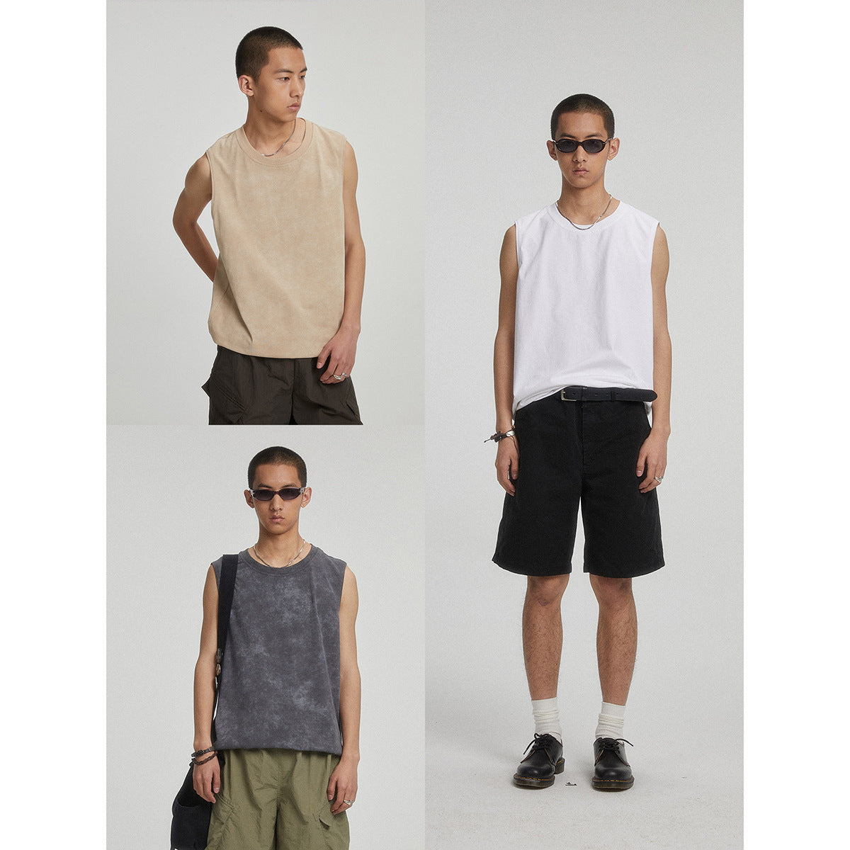 Three photos show a model wearing sleeveless crew-neck tops in beige, white, and charcoal gray.
