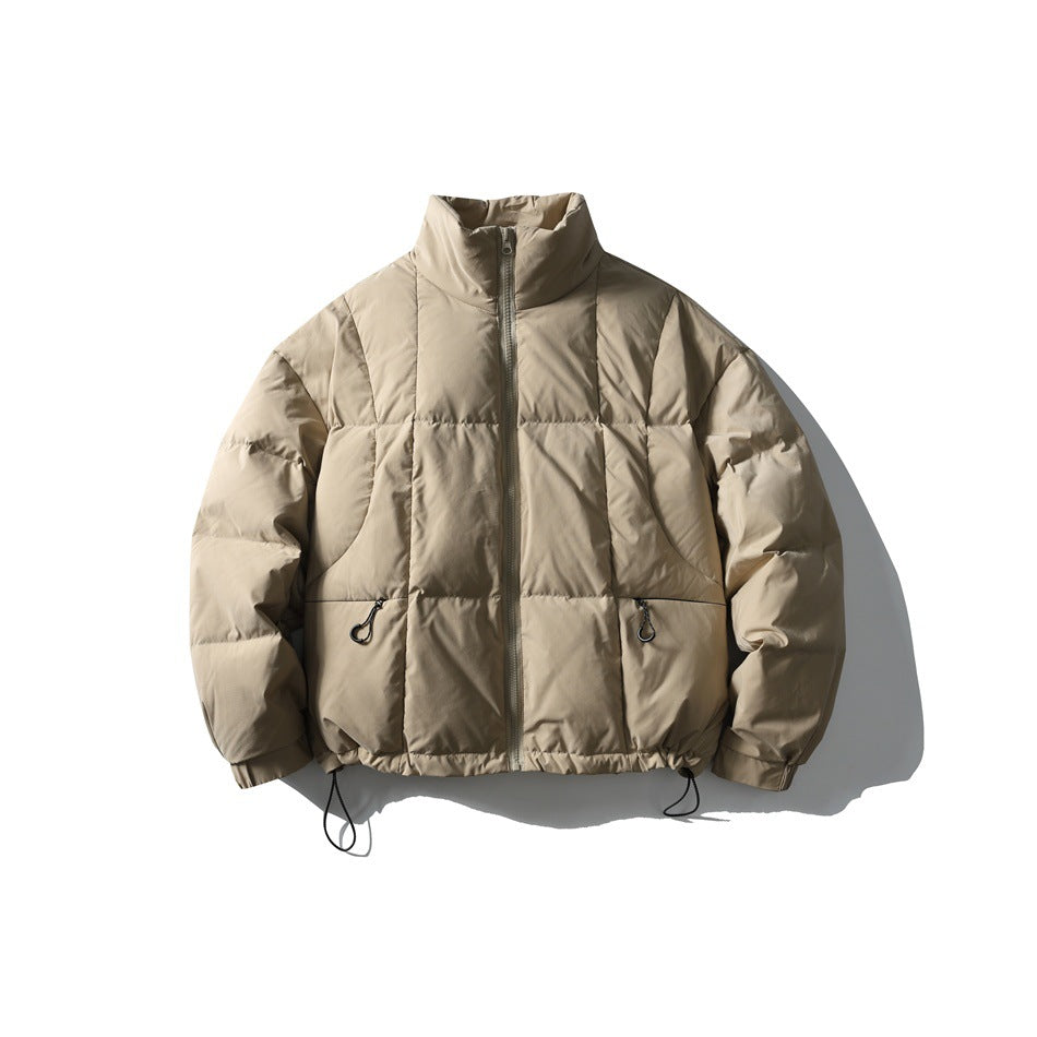 Beige quilted stand-collar puffer jacket with front zipper and drawstring hem, flat lay front view