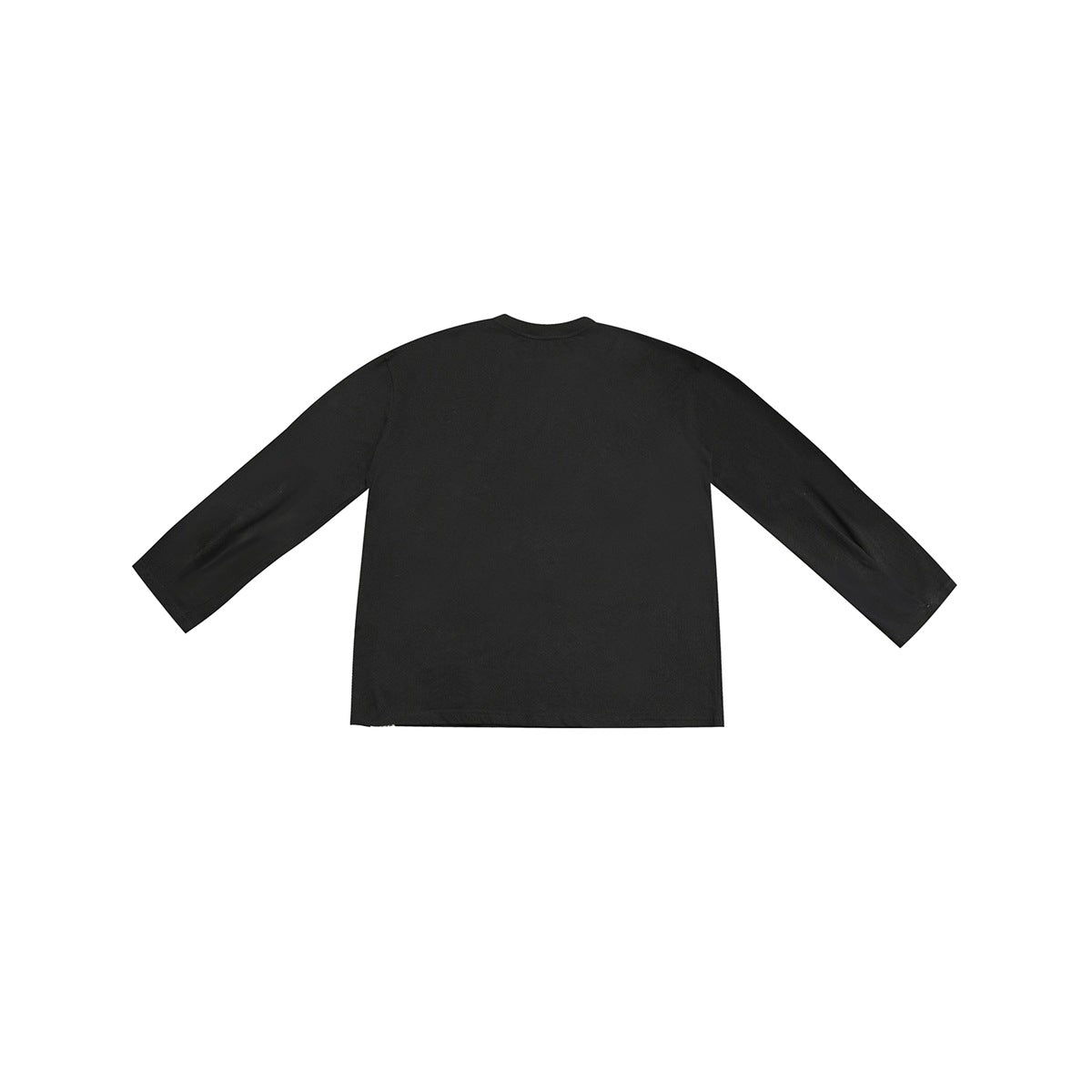 Back view of a plain black long-sleeve crewneck T-shirt laid flat on white.