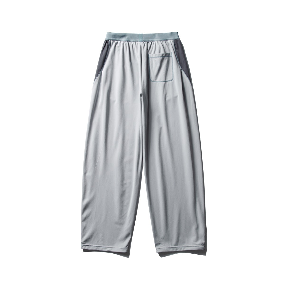 Back view of light gray wide-leg pants with a blue-gray waistband and a single rear patch pocket.