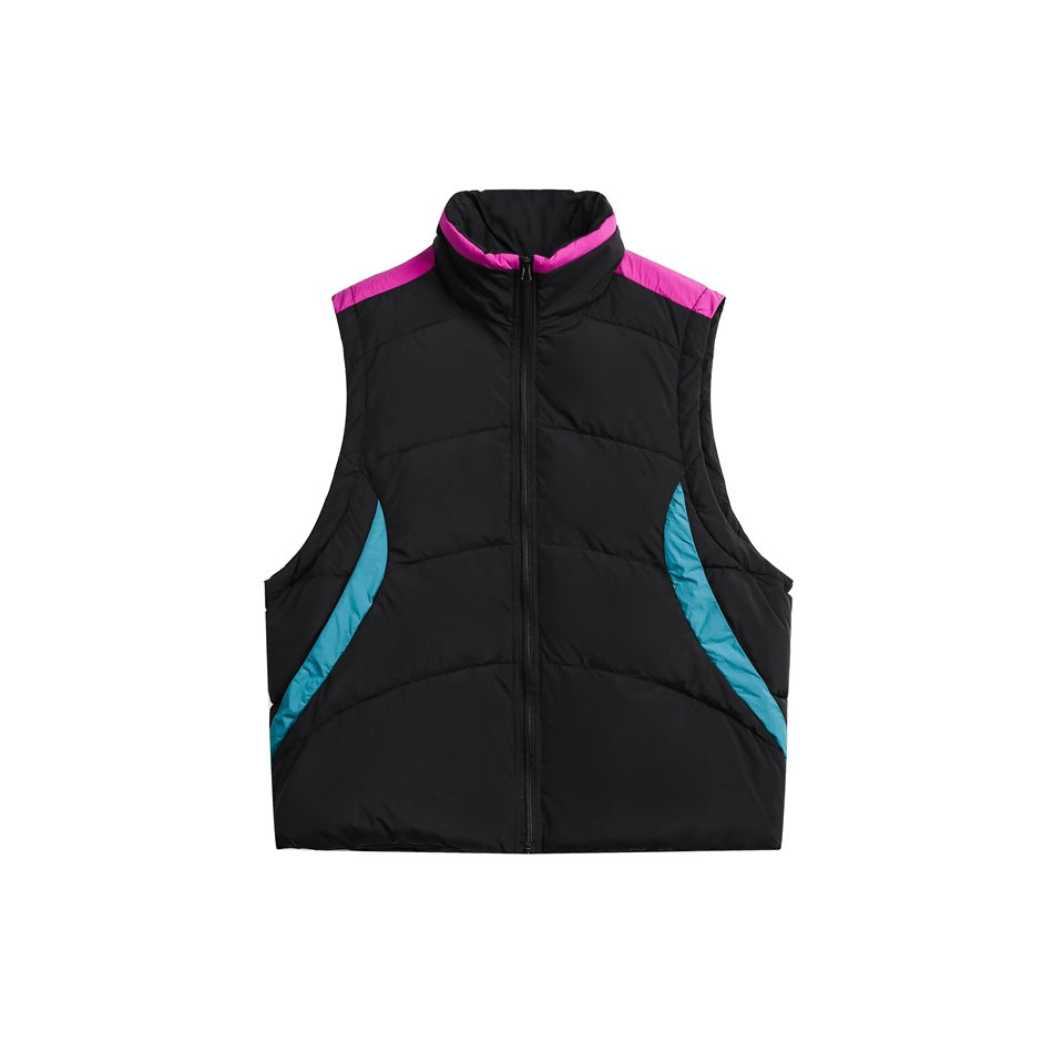 Black quilted zip vest with magenta collar and shoulder trim and teal curved side panels, front view