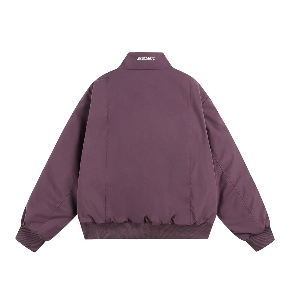 Back view of a plum zip-up jacket with a stand collar and ribbed cuffs and hem.