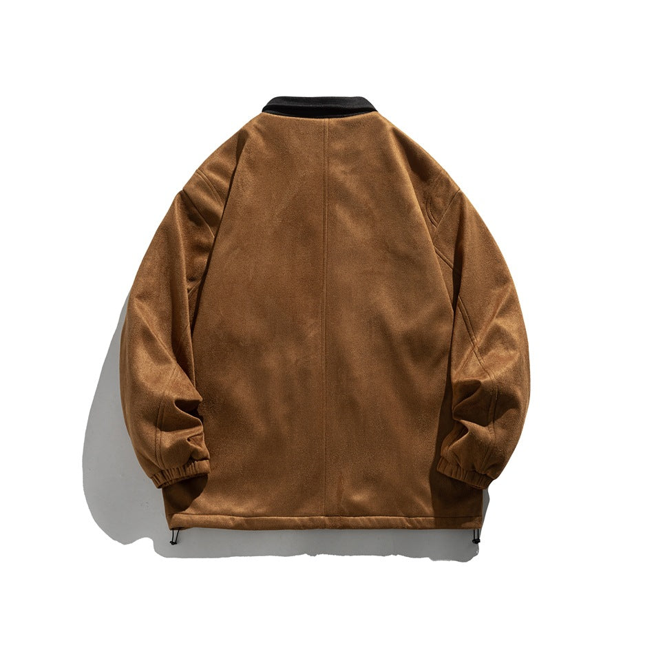 Back view of a brown jacket with a black collar, gathered cuffs, and drawcords at the hem.
