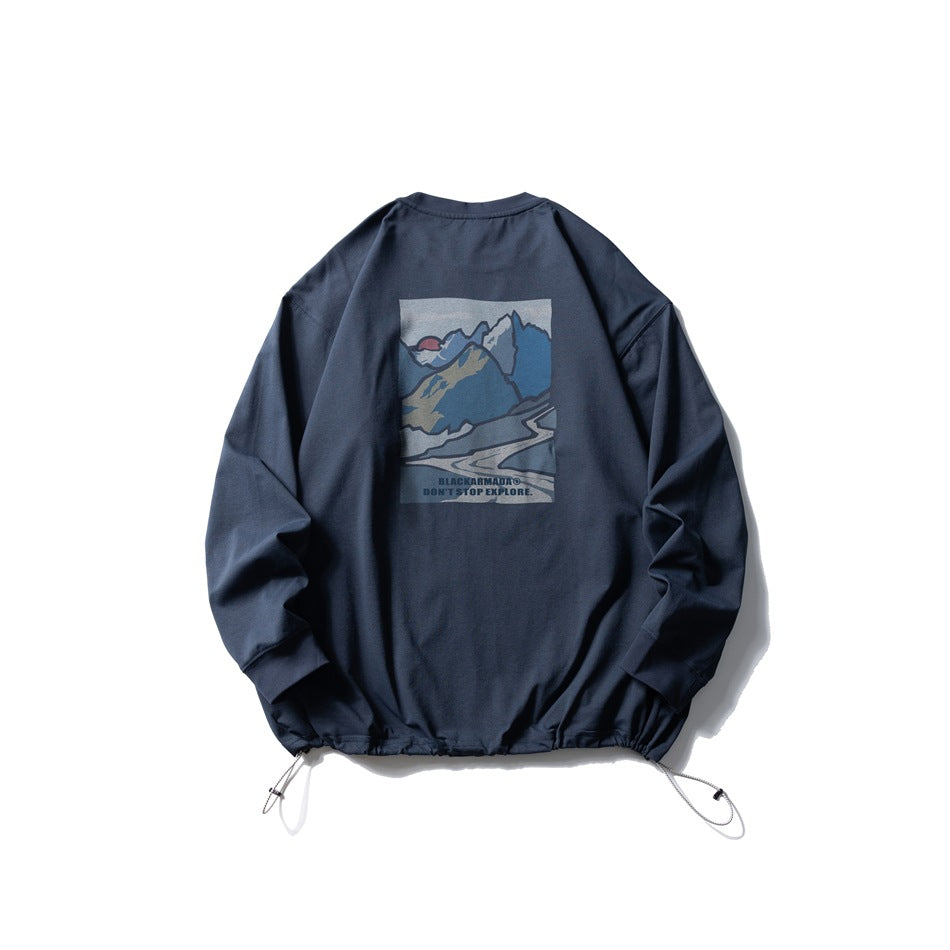 Navy long-sleeve crewneck pullover with an adjustable drawcord hem and a colorful mountain graphic printed on the back.
