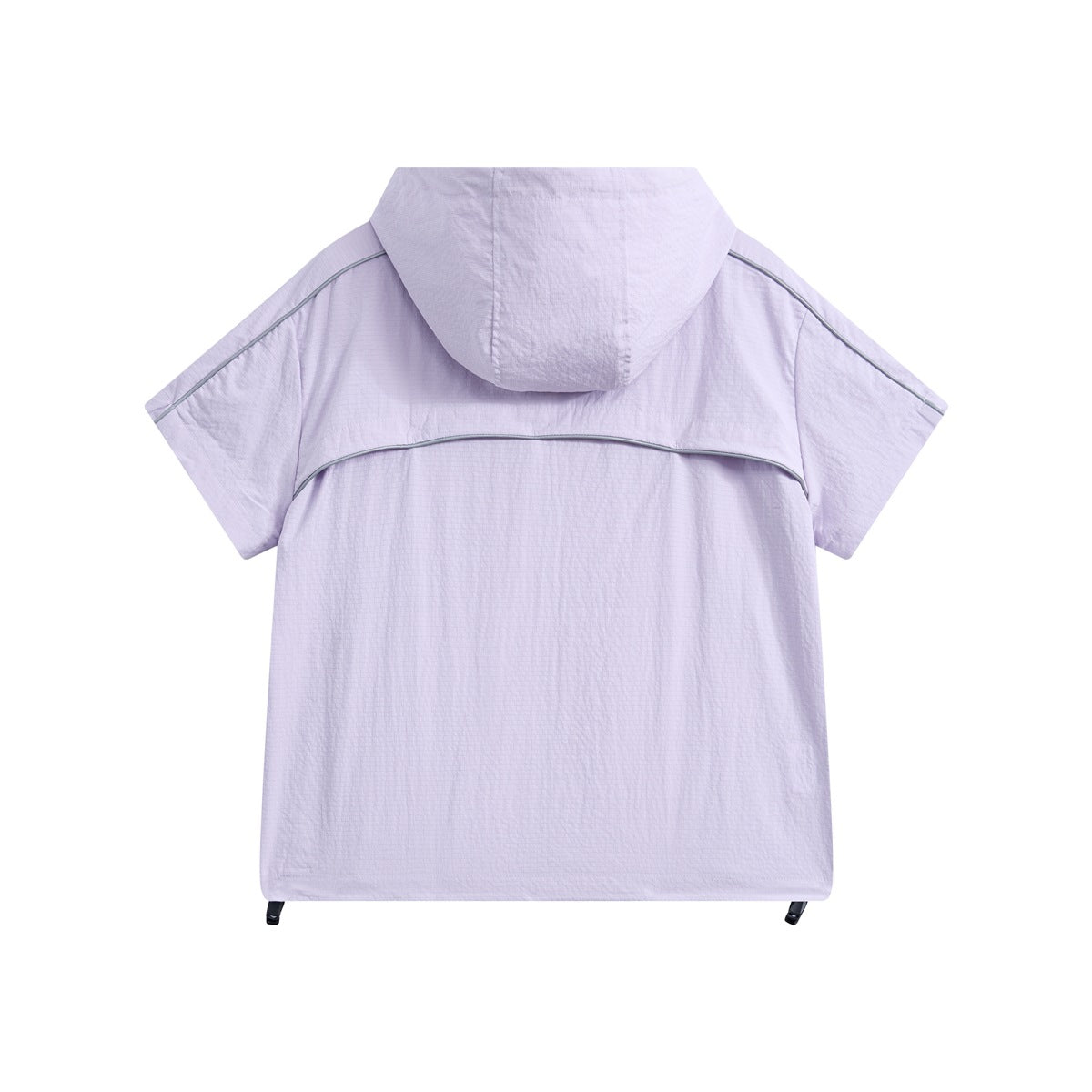 Purple short-sleeve hooded jacket back view with gray piped yoke seam and hem drawstring toggles