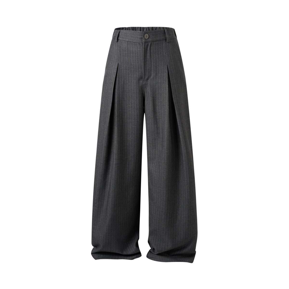 Dark gray pinstriped wide-leg pleated trousers with button closure, flat-lay front view