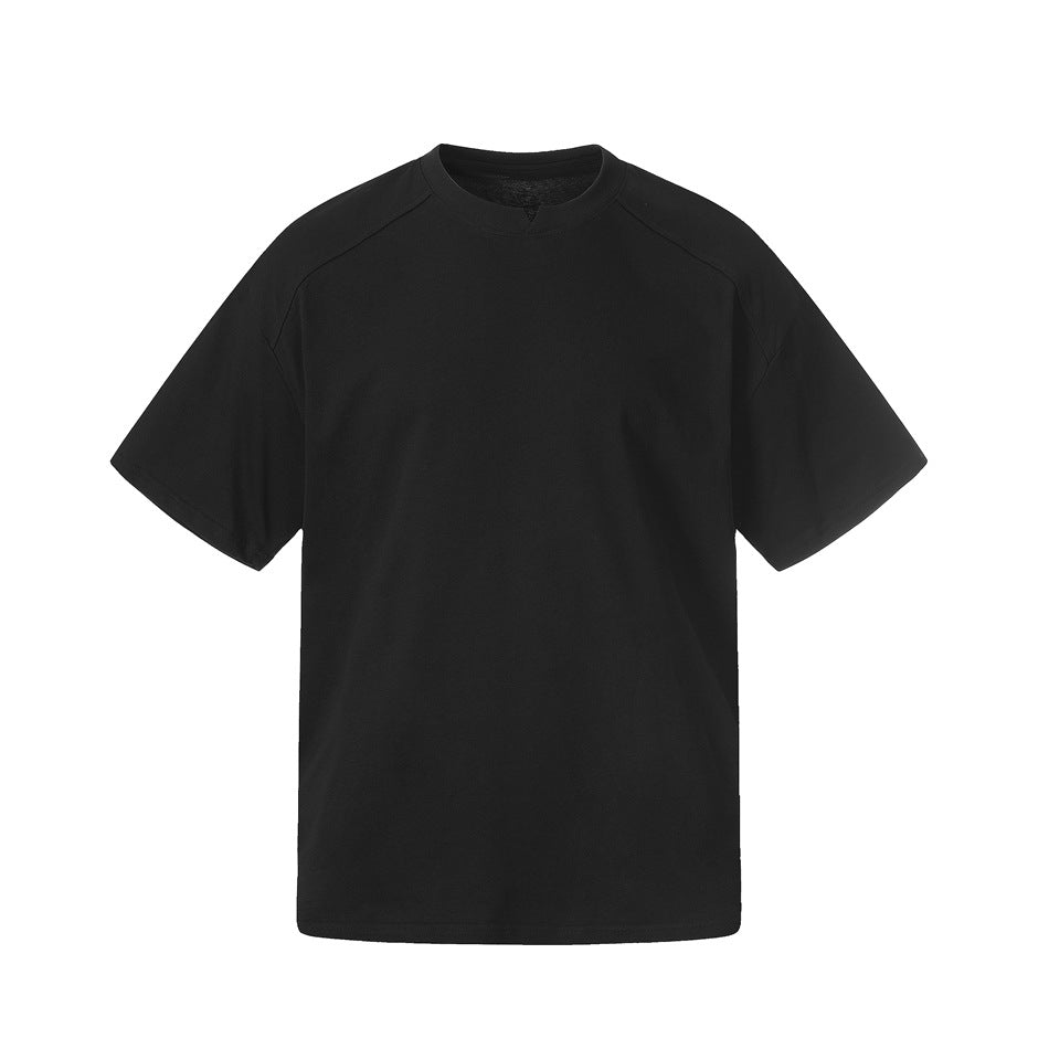 Black short-sleeve T-shirt flat front view with round neck, small V-notch and shoulder seams