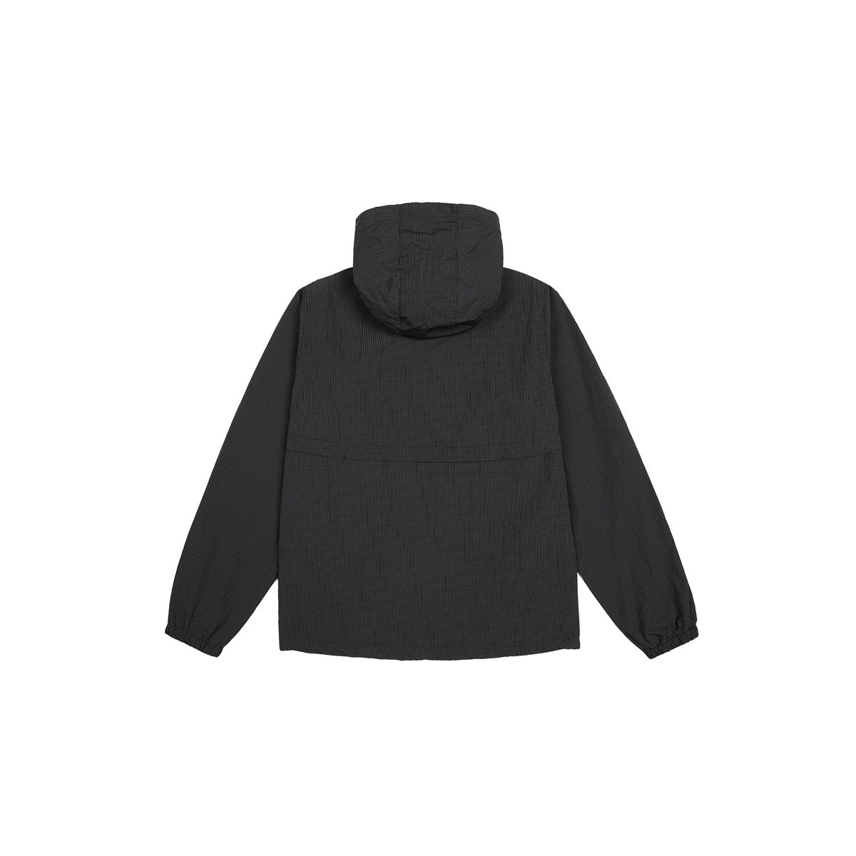 Back view of a black hooded jacket with long sleeves and elastic cuffs, shown against a white background.