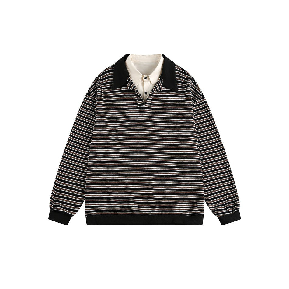 Black striped long-sleeve pullover with polo collar and white shirt collar layer, flat lay front view