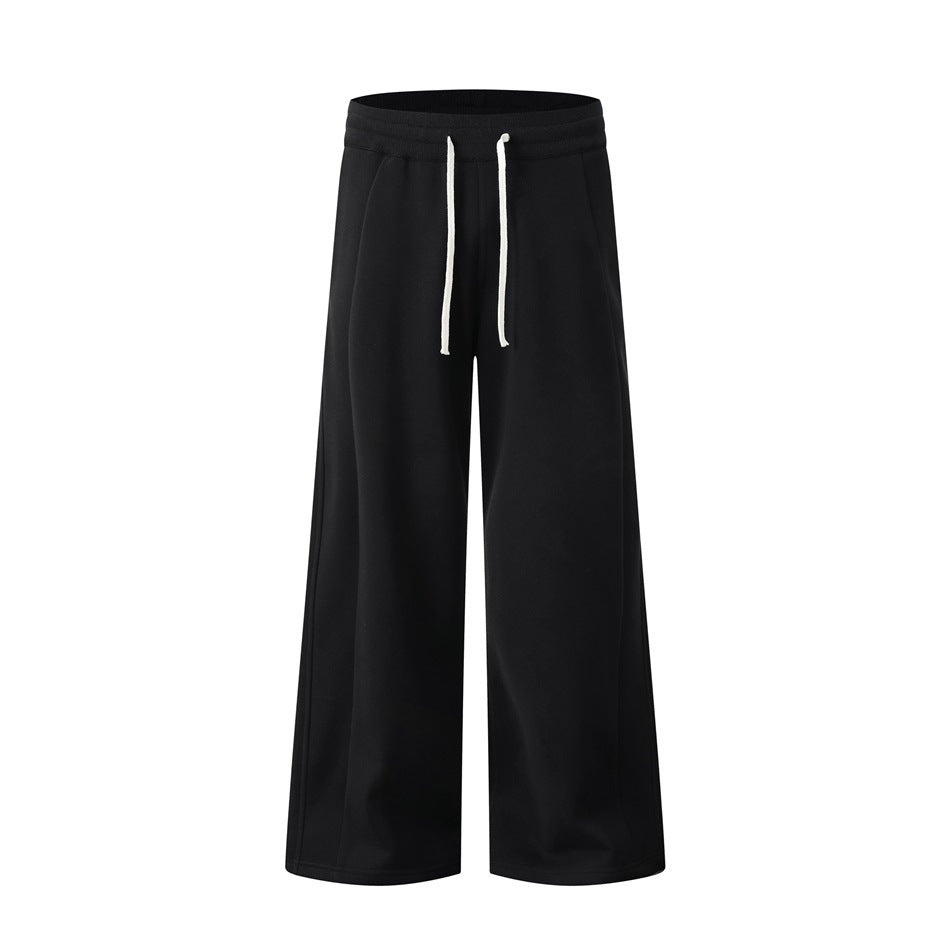 Black wide-leg drawstring sweatpants with white cords, flat front view