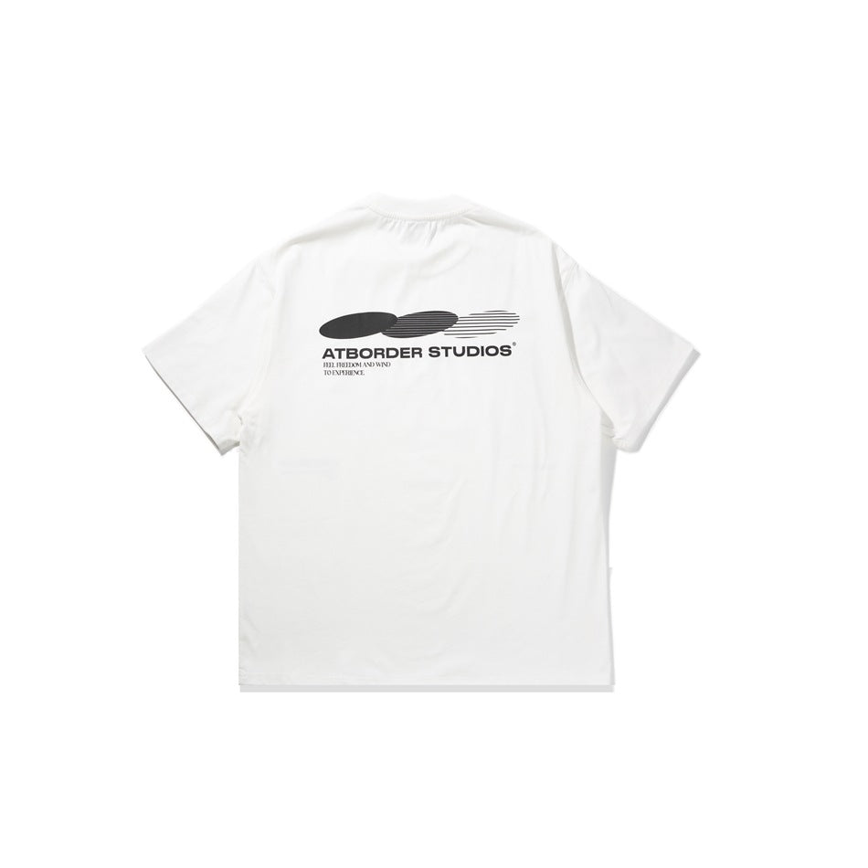 Flat view of the back of a white T-shirt with a black graphic and text across the upper back.