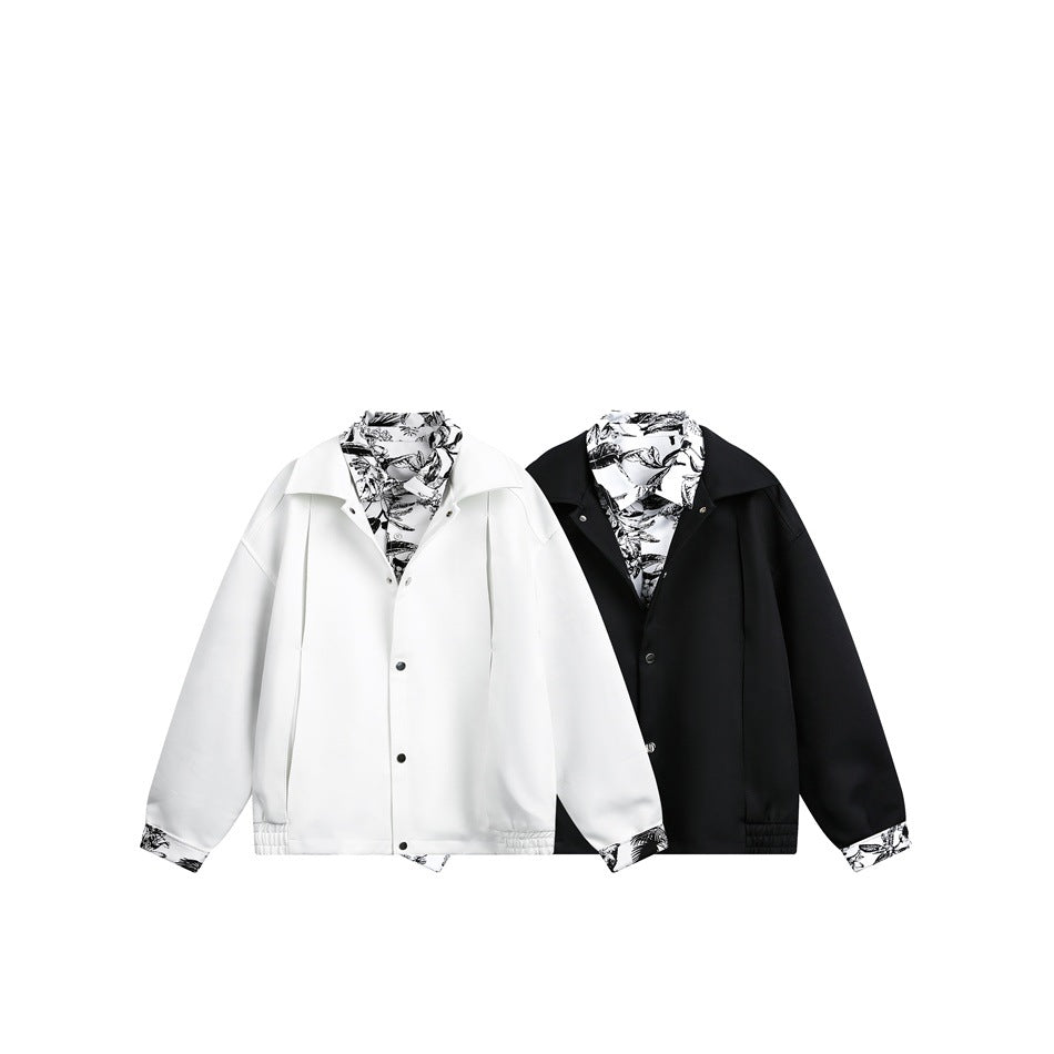 White and black jackets displayed side by side, both with black-and-white botanical print accents.