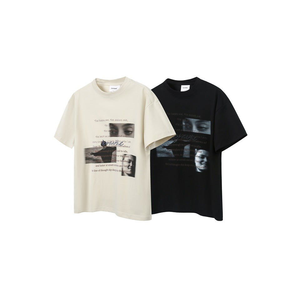Cream and black short-sleeve graphic T-shirts displayed side by side against a white background.