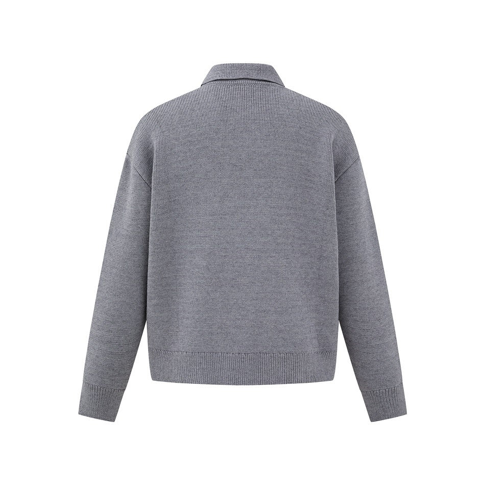 Back view of a gray long-sleeve knit sweater with a polo collar and ribbed hem and cuffs.