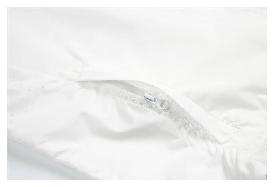 Close-up of a white jacket's curved zippered pocket.