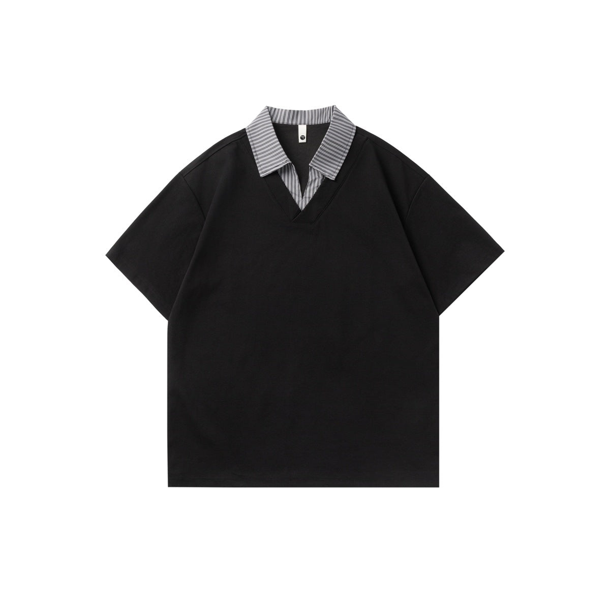 Black short-sleeve polo-style top with gray striped faux-layered collar and V-neck, flat front view