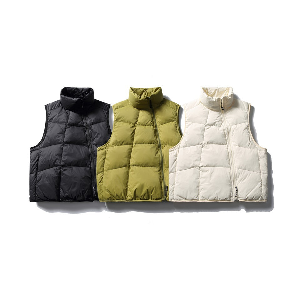 Three sleeveless quilted vests with tall collars and offset zippers in black, olive green, and cream.