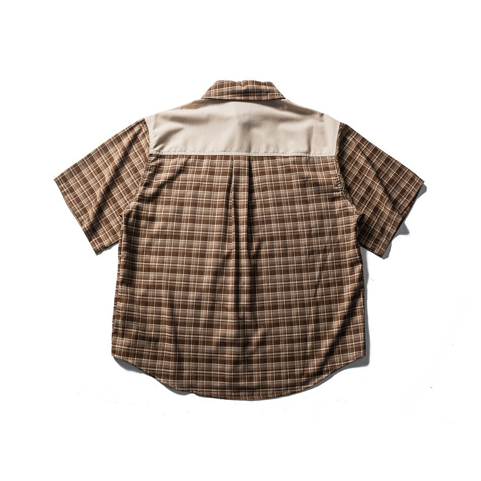 Back view of a brown plaid short-sleeve shirt with a beige upper yoke and a center pleat.