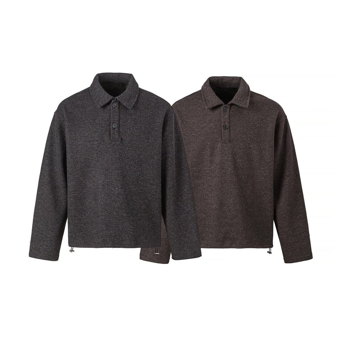 Front view of two long-sleeved collared pullovers, one charcoal gray and one dark brown, with button plackets.